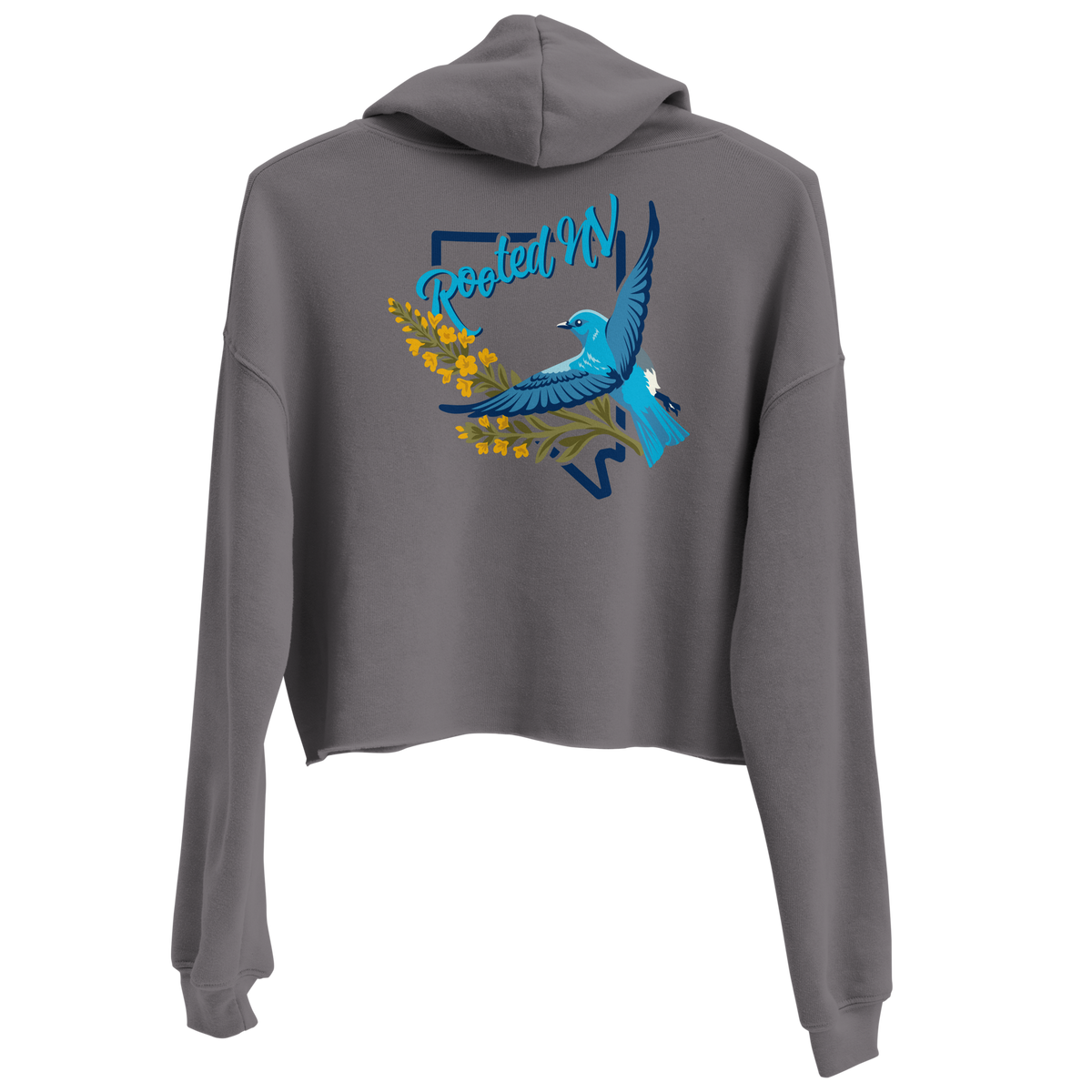 Women's Nevada Bluebird Cropped Graphic Hoodie, Women's Nevada Blue Bird Cropped Pullover Hoodie Crop Top by Rooted NV, charcoal gray cropped back view featuring a vibrant bluebird design
