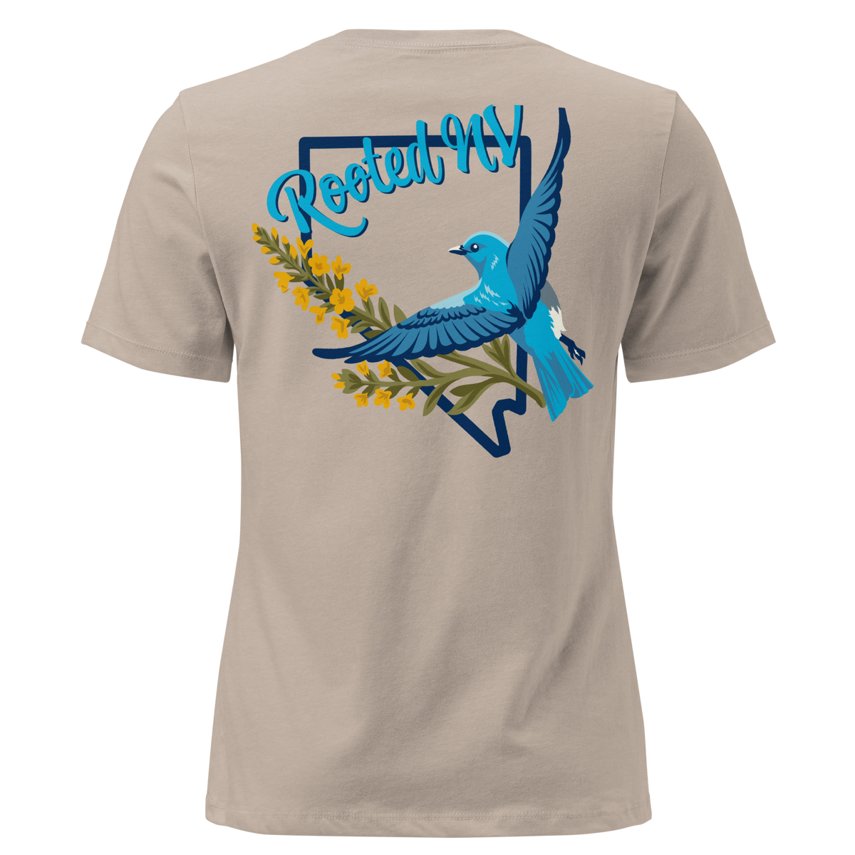 Women's Nevada Bluebird Graphic Tee – Soft Cotton Relaxed Fit in natural beige, back view featuring colorful Nevada bluebird graphic
