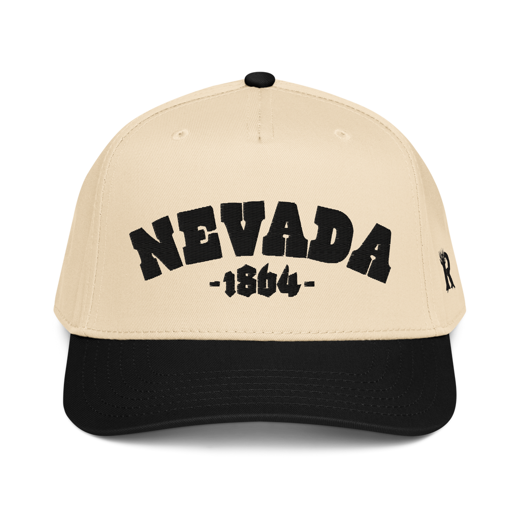 Rooted Nevada 1864 Snapback - Two-Tone 3D Puff Embroidered Nevada Snapback Hat in cream and black, front view with raised Nevada 1864 embroidery. Rooted Nevada 1864 Embroidered Two Tone Snapback.