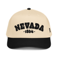Rooted Nevada 1864 Snapback - Two-Tone 3D Puff Embroidered Nevada Snapback Hat in cream and black, front view with raised Nevada 1864 embroidery. Rooted Nevada 1864 Embroidered Two Tone Snapback.