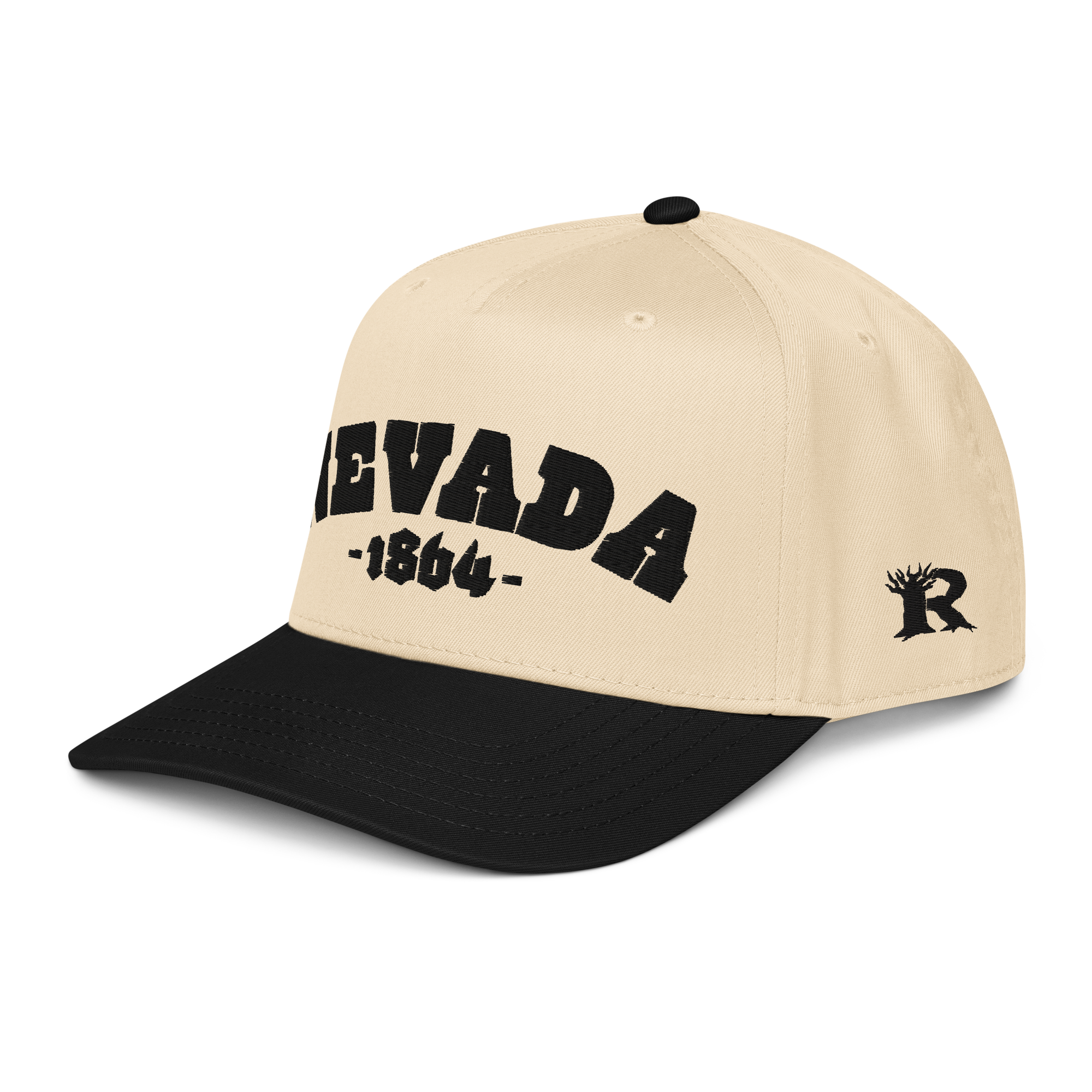Rooted Nevada 1864 Snapback - Two-Tone 3D Puff Embroidered Nevada Snapback Hat in cream and black, angled view showing the flat brim and side Rooted NV logo. Rooted Nevada 1864 Embroidered Two Tone Snapback.