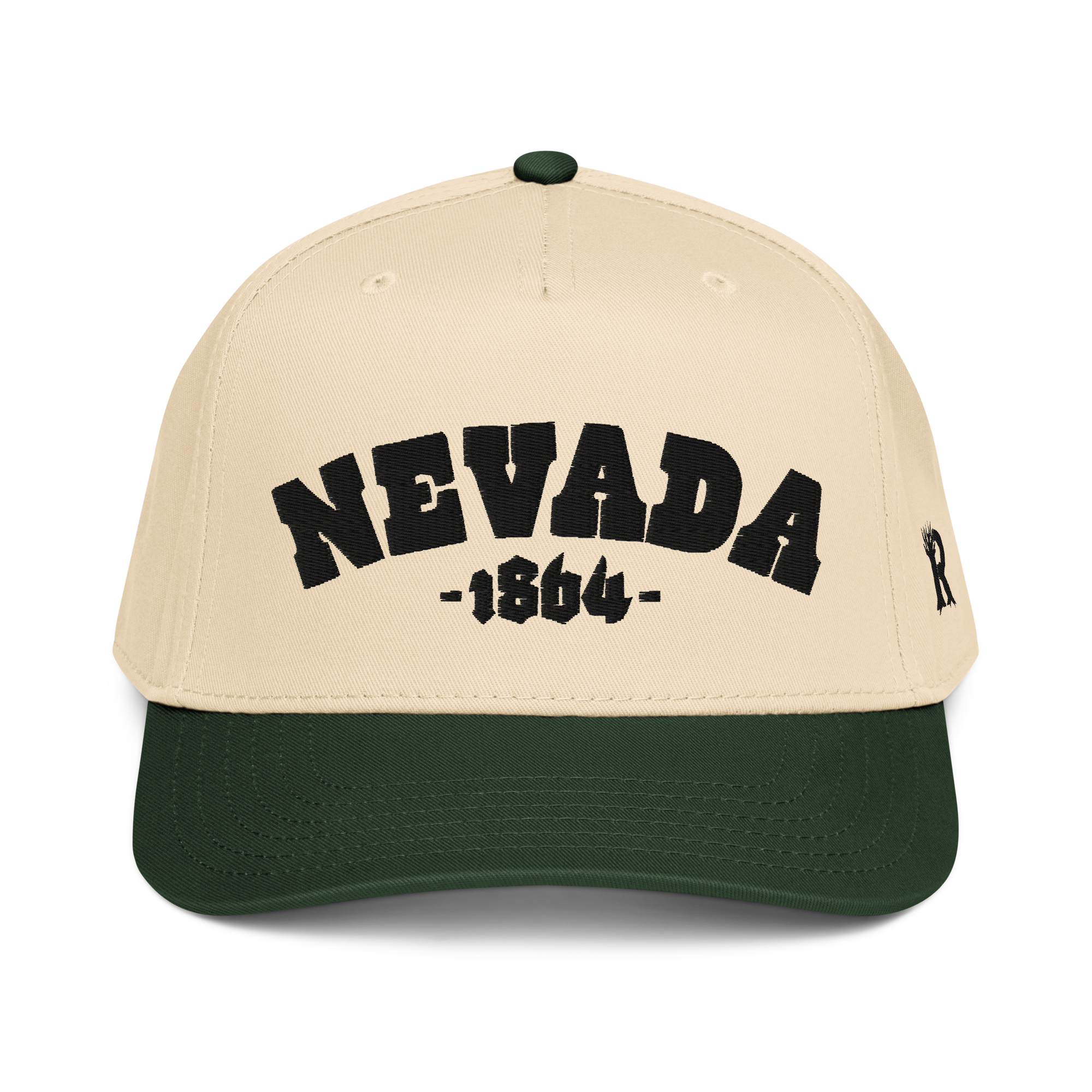 Rooted Nevada 1864 Snapback - Two-Tone 3D Puff Embroidered Nevada Snapback Hat in cream and forest green, front view with raised Nevada 1864 embroidery. Rooted Nevada 1864 Embroidered Two Tone Snapback.