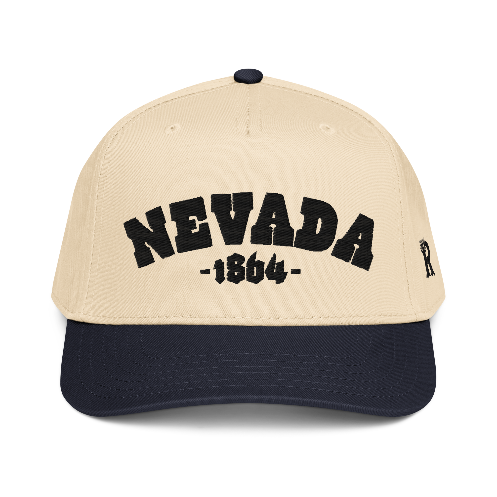Rooted Nevada 1864 Snapback - Two-Tone 3D Puff Embroidered Nevada Snapback Hat in cream and navy, front view with bold raised Nevada 1864 lettering. Rooted Nevada 1864 Embroidered Two Tone Snapback.