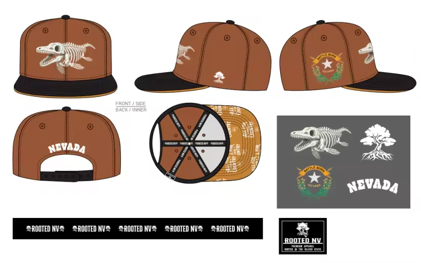 Nevada Day Ichthyosaur (Pre-Order) nevada day hat featuring an embroidered prehistoric skeleton, copper panels, black brim, and Nevada Battle Born details