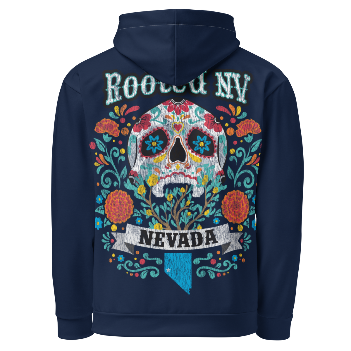 Back view of navy Rooted NV Nevada Day of the Dead unisex pullover hoodie featuring a vibrant sugar skull, floral artwork, and large Nevada back print