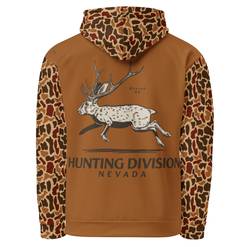Rooted NV Hunting Division Hoodie in brown with camouflage sleeves and hood, featuring a running deer graphic and Nevada hunting design on the front