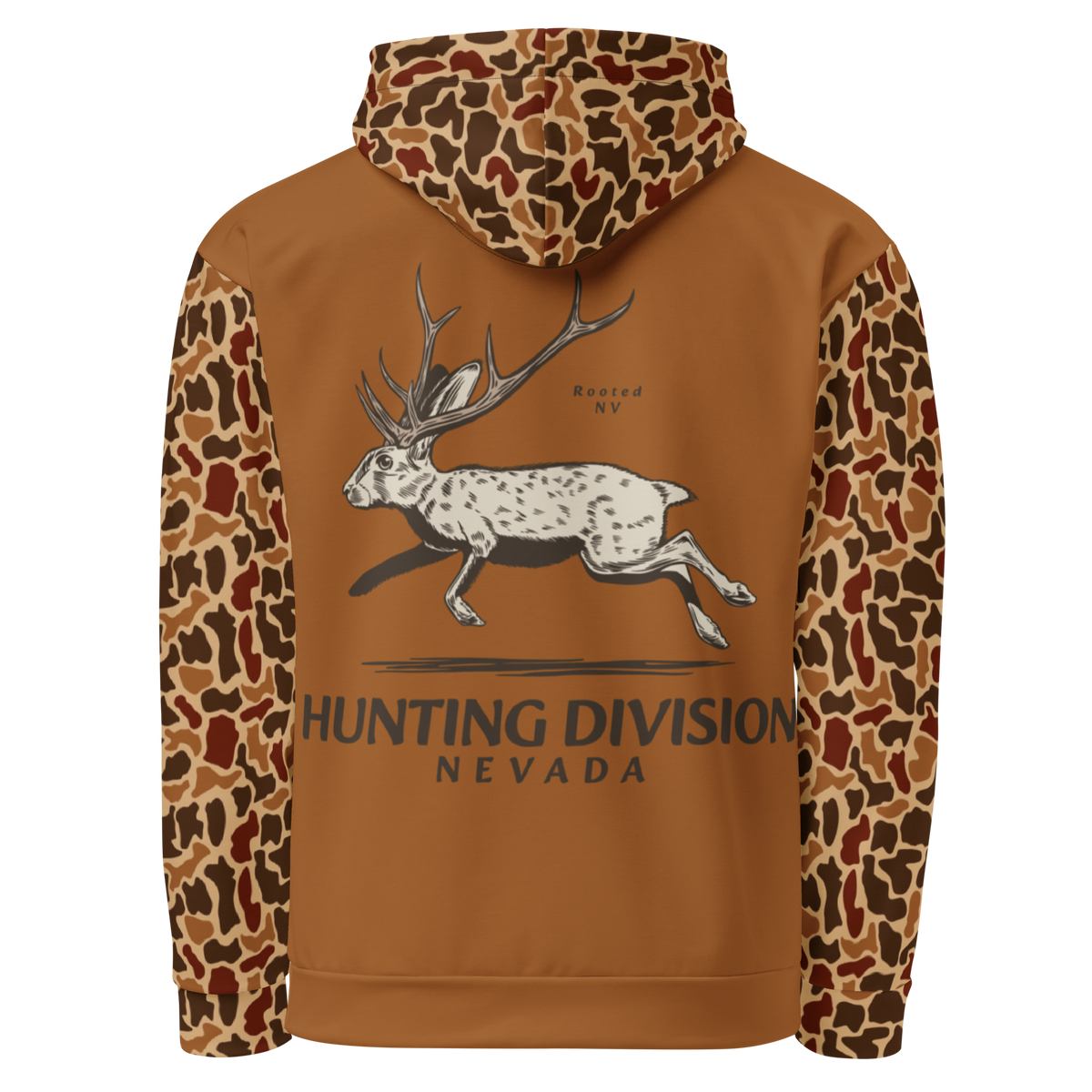 Rooted NV Hunting Division Hoodie in brown with camouflage sleeves and hood, featuring a running deer graphic and Nevada hunting design on the front
