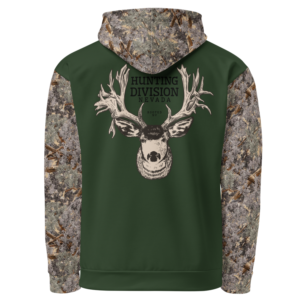 Rooted NV Hunting Division Hoodie in forest green with camouflage sleeves, hood, and Nevada mule deer graphic on the front