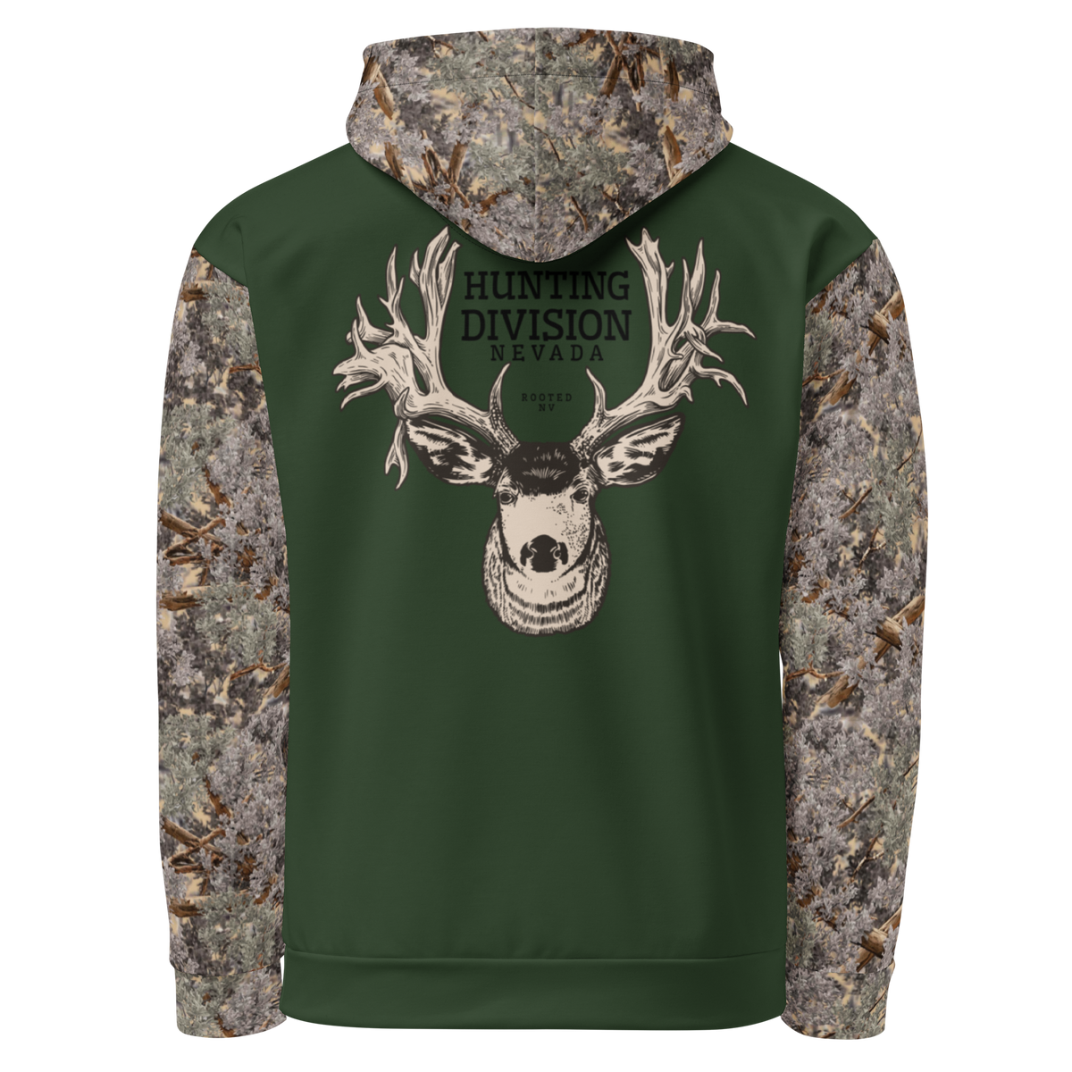 Rooted NV Hunting Division Hoodie in forest green with camouflage sleeves, hood, and Nevada mule deer graphic on the front