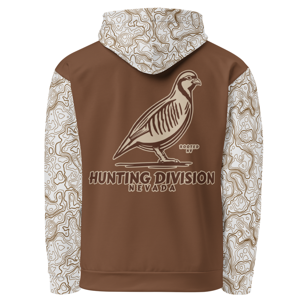 Rooted NV Hunting Division Hoodie front view in brown with chukar graphic, Nevada Hunting Division text, and patterned sleeves and hood