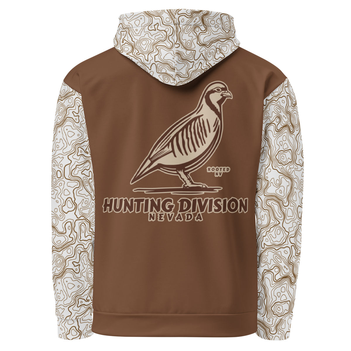Rooted NV Hunting Division Hoodie front view in brown with chukar graphic, Nevada Hunting Division text, and patterned sleeves and hood