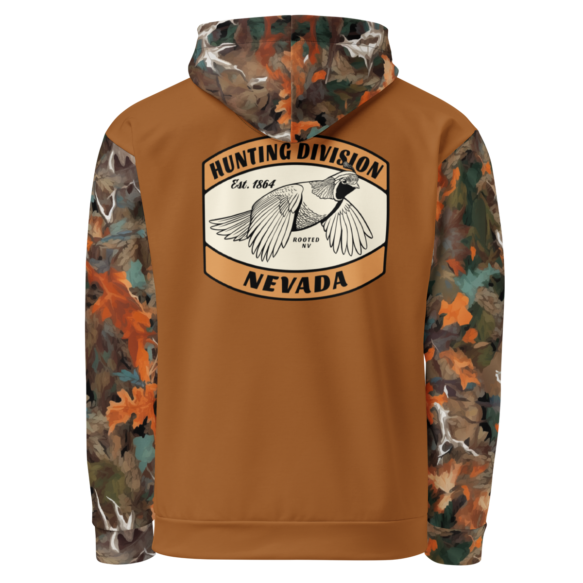 Rooted NV Hunting Division Hoodie in brown with camouflage sleeves, hood, and Nevada quail hunting graphic on the front