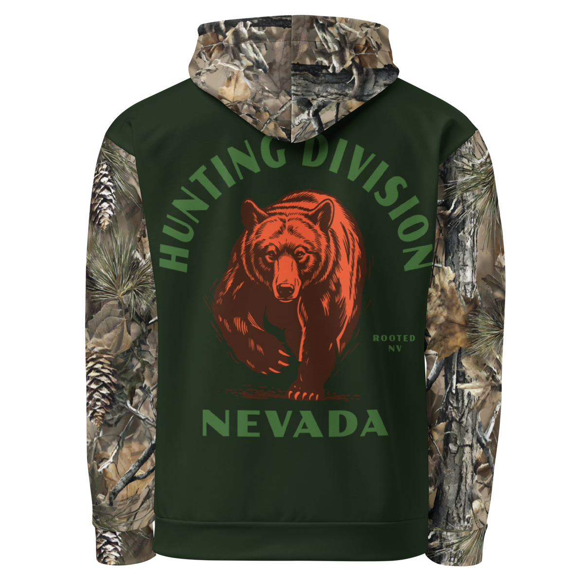 Front view of the Rooted NV Hunting Division Hoodie in dark green with camouflage sleeves and hood, featuring a Nevada black bear graphic.