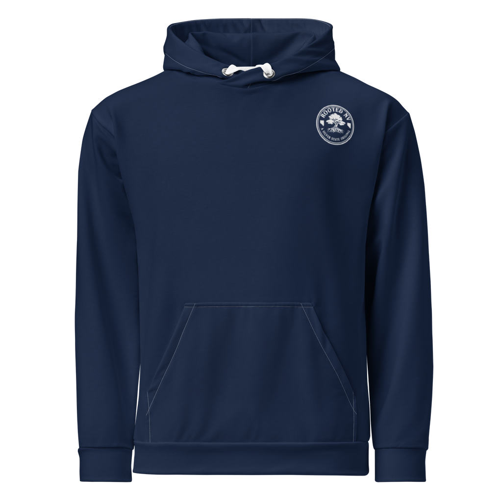 Front view of navy Nevada Day of the Dead unisex pullover hoodie with kangaroo pocket, drawstring hood, and Rooted NV chest logo