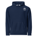 Front view of navy Nevada Day of the Dead unisex pullover hoodie with kangaroo pocket, drawstring hood, and Rooted NV chest logo