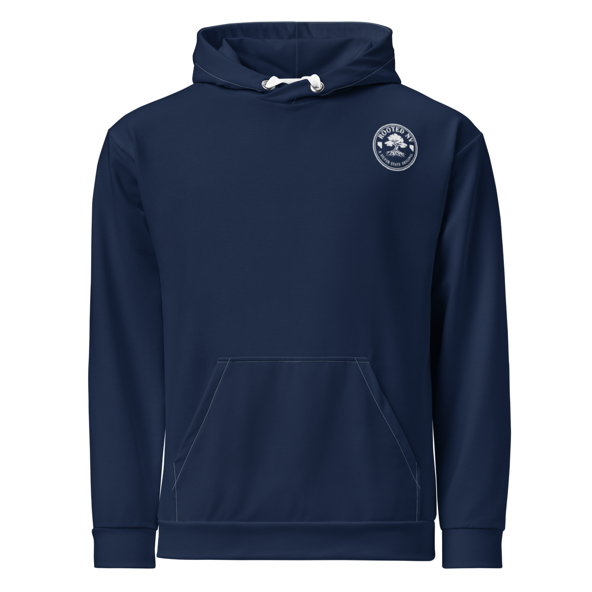 Front view of navy Nevada Day of the Dead unisex pullover hoodie with kangaroo pocket, drawstring hood, and Rooted NV chest logo