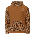 Rooted NV Hunting Division Hoodie back view in brown with camouflage hood, sleeves, and kangaroo pocket, plus a Rooted NV logo
