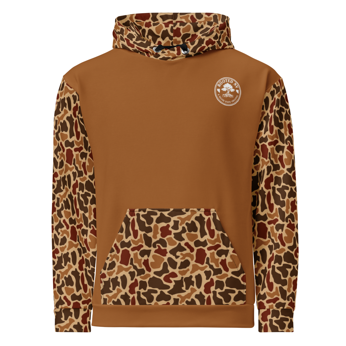 Rooted NV Hunting Division Hoodie back view in brown with camouflage hood, sleeves, and kangaroo pocket, plus a Rooted NV logo
