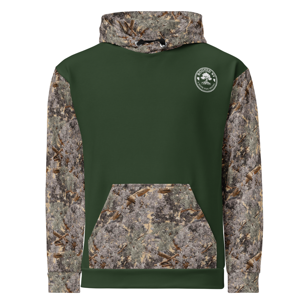 Back view of the Rooted NV Hunting Division Hoodie featuring a forest green body, camouflage sleeves, hood, and kangaroo pocket