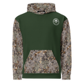 Back view of the Rooted NV Hunting Division Hoodie featuring a forest green body, camouflage sleeves, hood, and kangaroo pocket