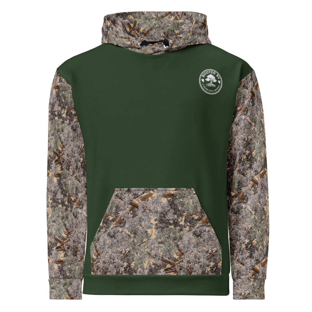 Back view of the Rooted NV Hunting Division Hoodie featuring a forest green body, camouflage sleeves, hood, and kangaroo pocket
