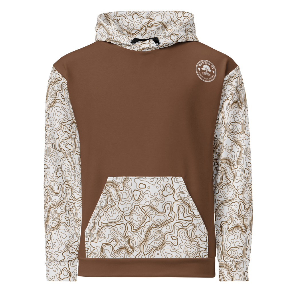 Rooted NV Hunting Division Hoodie back view in brown with patterned sleeves, hood, and kangaroo pocket