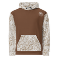 Rooted NV Hunting Division Hoodie back view in brown with patterned sleeves, hood, and kangaroo pocket