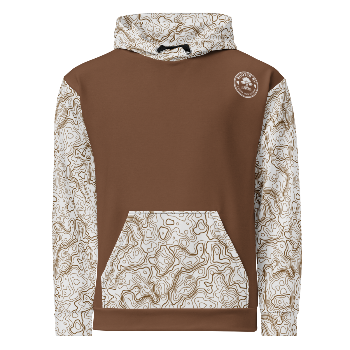 Rooted NV Hunting Division Hoodie back view in brown with patterned sleeves, hood, and kangaroo pocket