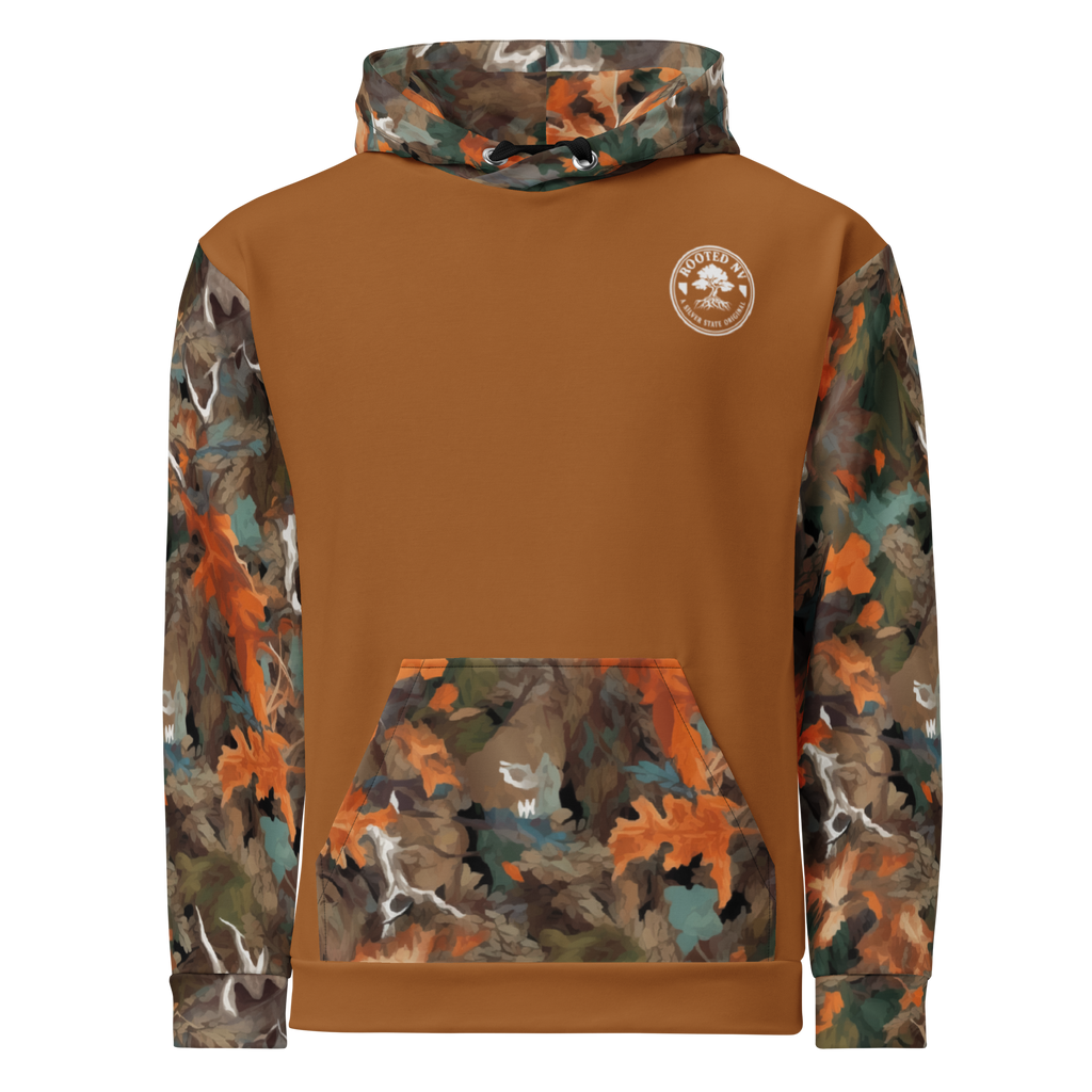 Back view of the Rooted NV Hunting Division Hoodie featuring camouflage sleeves, hood, kangaroo pocket, and Rooted NV logo