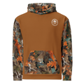 Back view of the Rooted NV Hunting Division Hoodie featuring camouflage sleeves, hood, kangaroo pocket, and Rooted NV logo