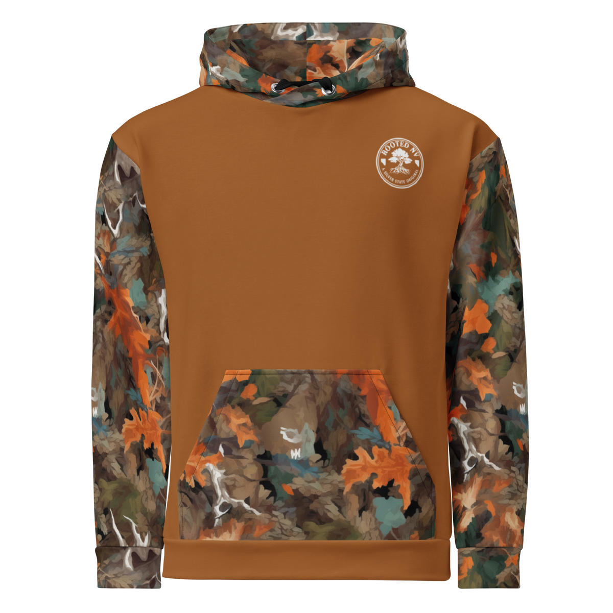 Back view of the Rooted NV Hunting Division Hoodie featuring camouflage sleeves, hood, kangaroo pocket, and Rooted NV logo