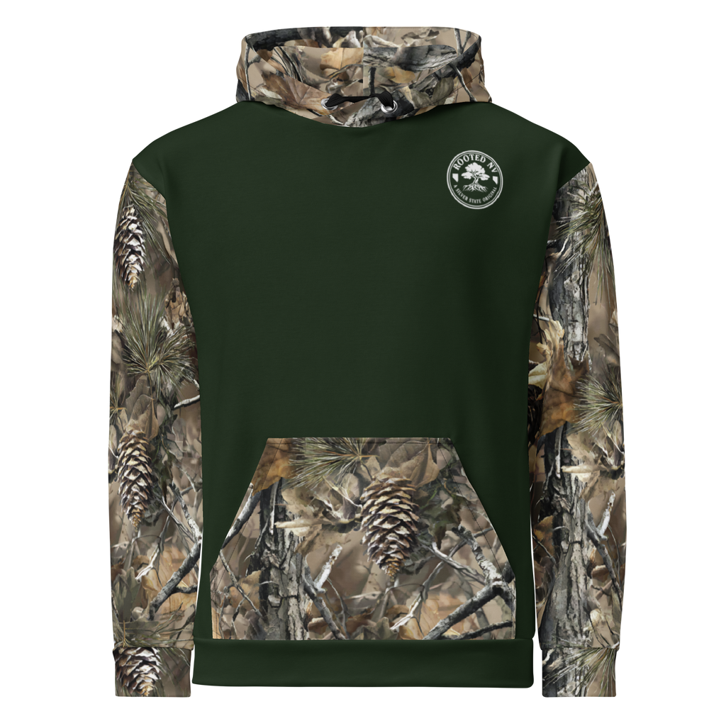 Back view of the Rooted NV Hunting Division Hoodie with a dark green body, camouflage sleeves, hood, and kangaroo pocket.