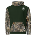 Back view of the Rooted NV Hunting Division Hoodie with a dark green body, camouflage sleeves, hood, and kangaroo pocket.