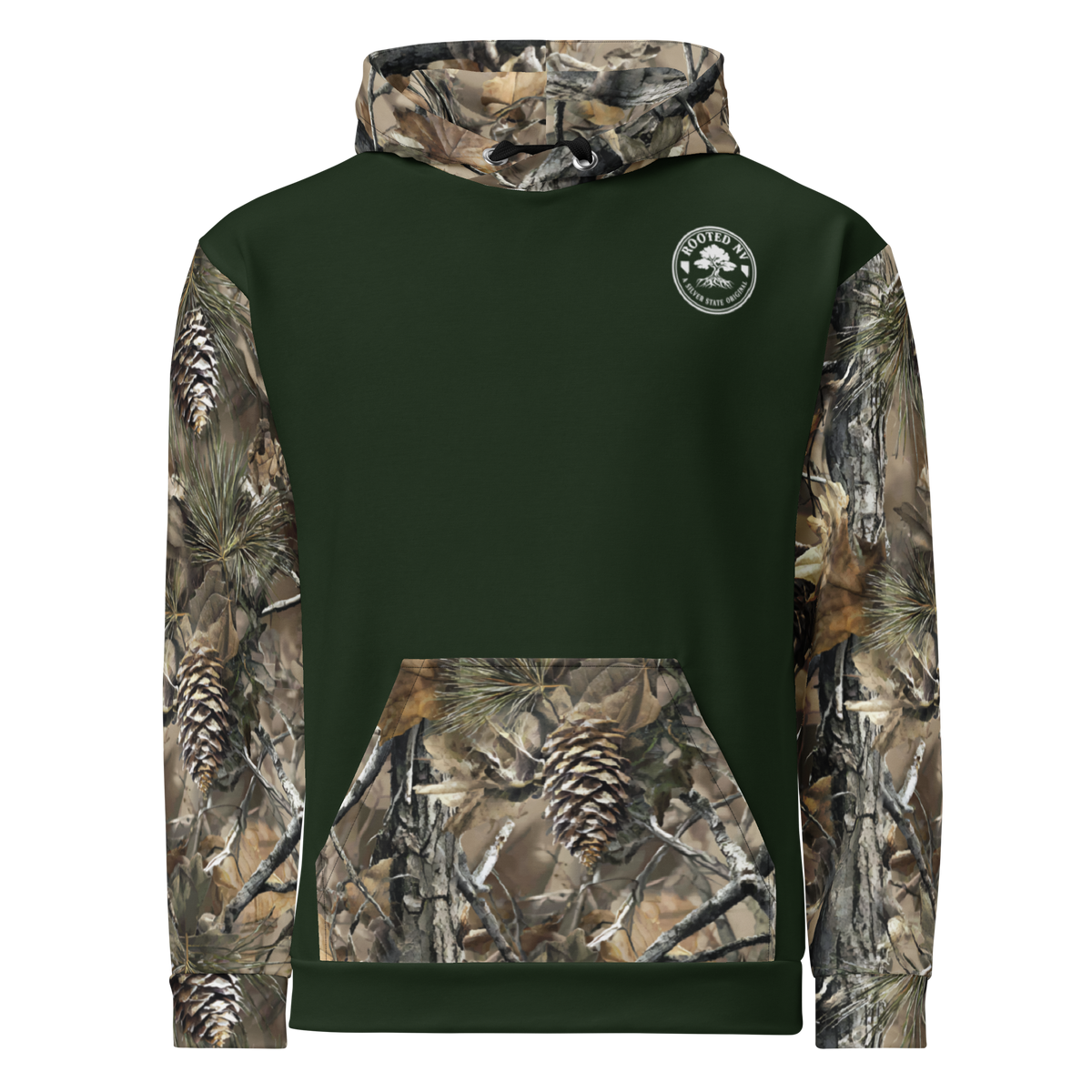Back view of the Rooted NV Hunting Division Hoodie with a dark green body, camouflage sleeves, hood, and kangaroo pocket.