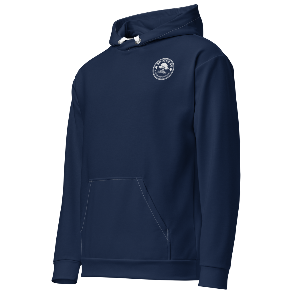 Three-quarter front view of navy Rooted NV unisex pullover hoodie showing the drawstring hood, kangaroo pocket, and small chest logo