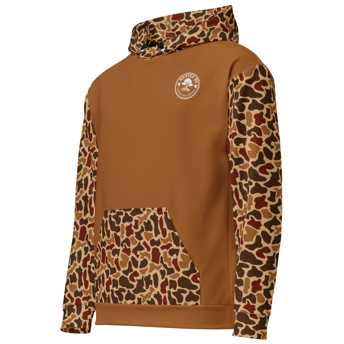 Rooted NV Hunting Division Hoodie angled back view showcasing the soft brown fleece body, camouflage sleeves, hood, and kangaroo pocket
