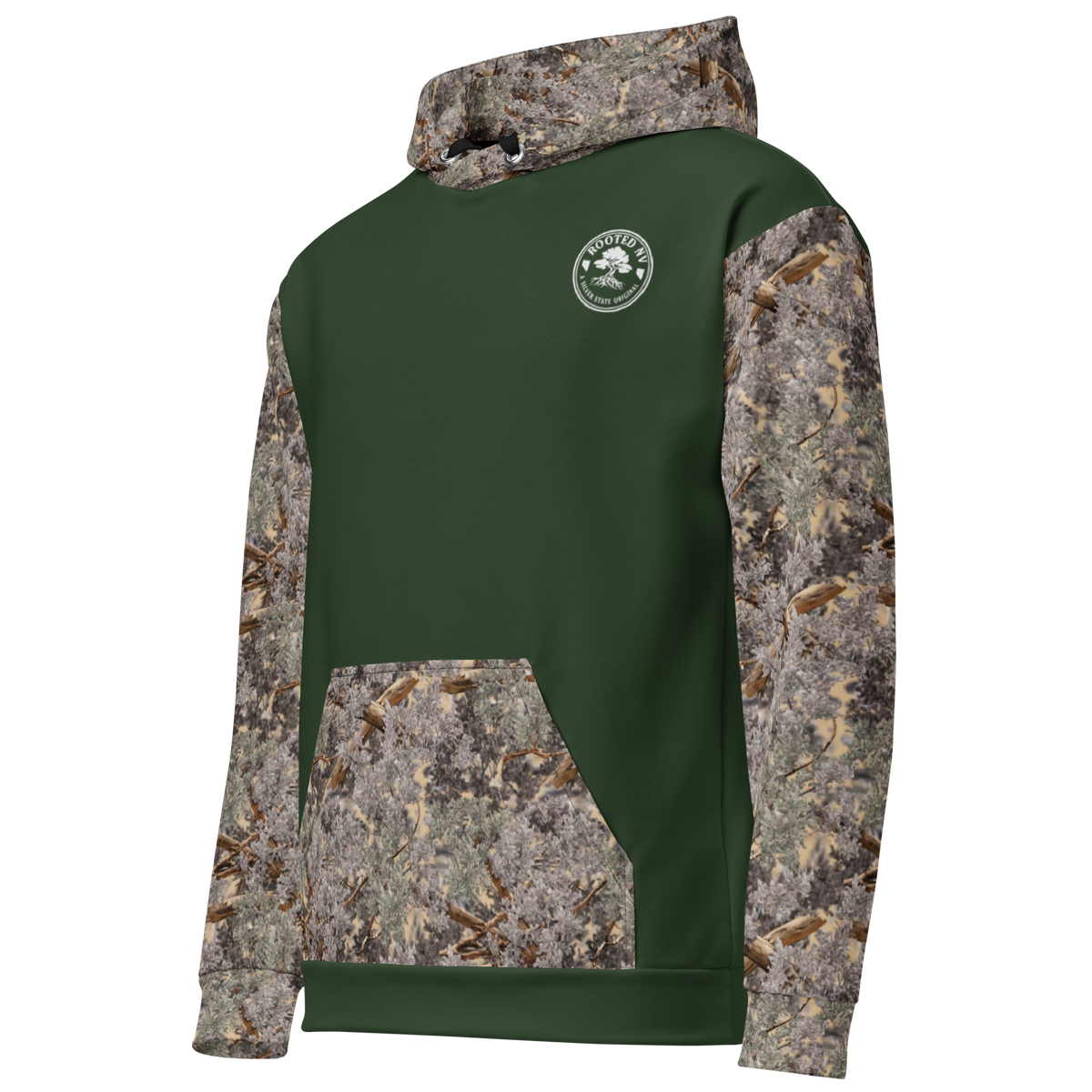 Side view of the Rooted NV Hunting Division Hoodie showcasing its forest green fleece body, camouflage sleeves, hood, and front pocket