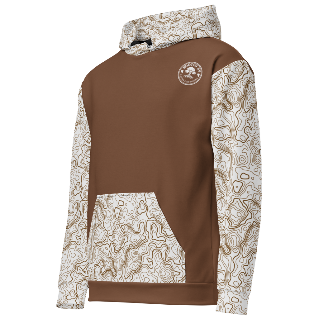 Rooted NV Hunting Division Hoodie angled back view showing brown fleece body, patterned sleeves, hood, and kangaroo pocket