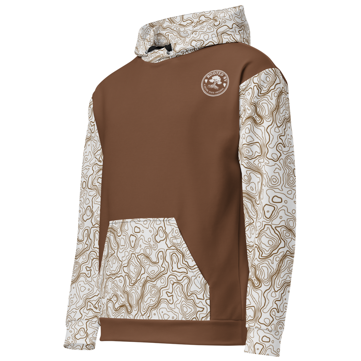 Rooted NV Hunting Division Hoodie angled back view showing brown fleece body, patterned sleeves, hood, and kangaroo pocket