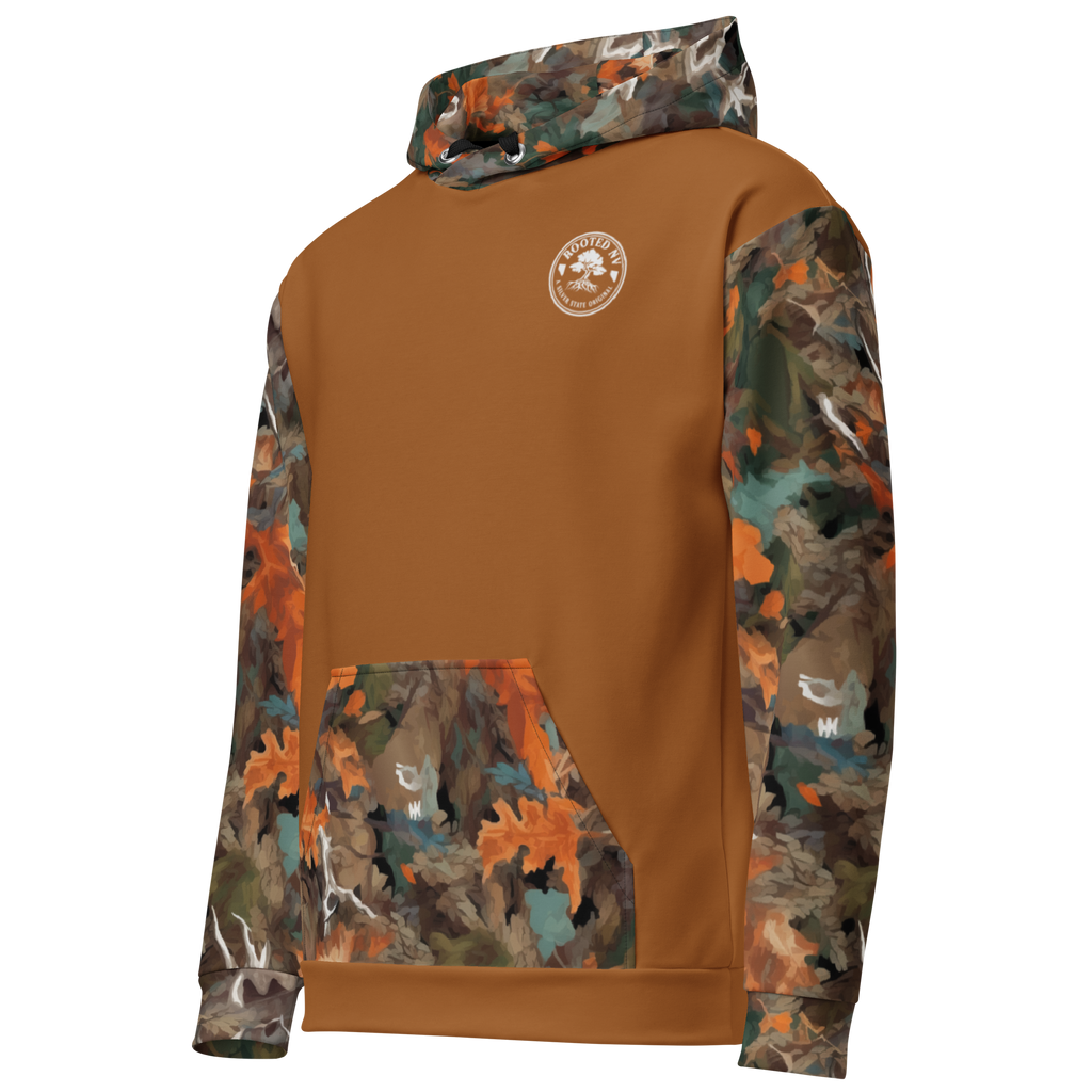 Side-back view of the Rooted NV Hunting Division Hoodie showing its soft brown fleece body, camouflage sleeves, hood, and front pocket