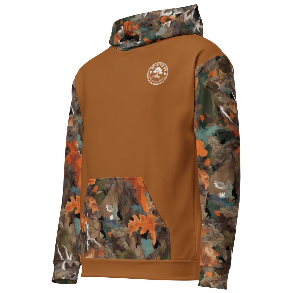 Side-back view of the Rooted NV Hunting Division Hoodie showing its soft brown fleece body, camouflage sleeves, hood, and front pocket