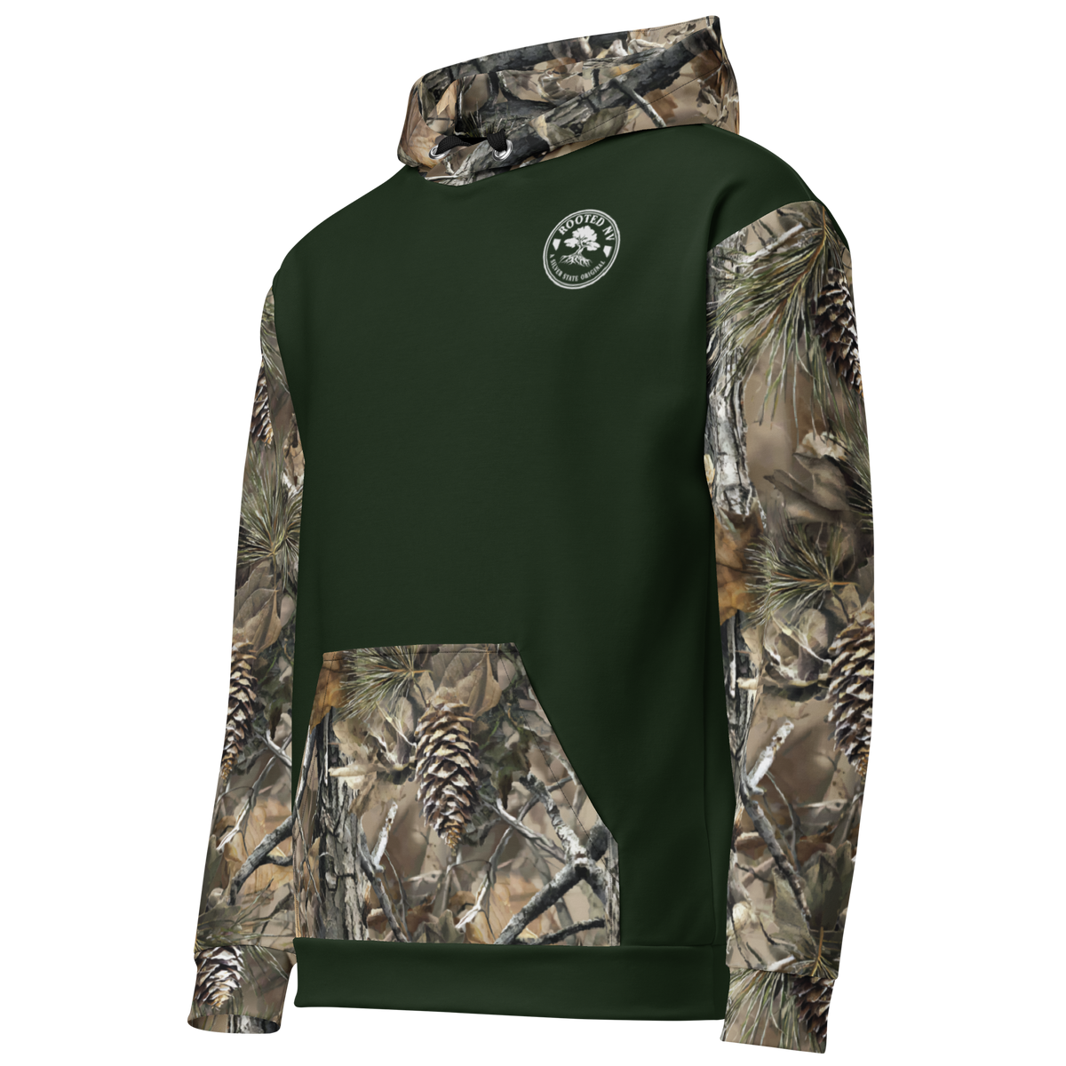 Side view of the Rooted NV Hunting Division Hoodie showing its dark green fleece body, camouflage sleeve, hood, and front pocket.
