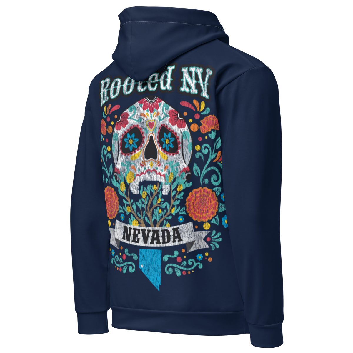 Three-quarter back view of navy Nevada Day of the Dead pullover hoodie featuring a colorful sugar skull and large Rooted NV back graphic