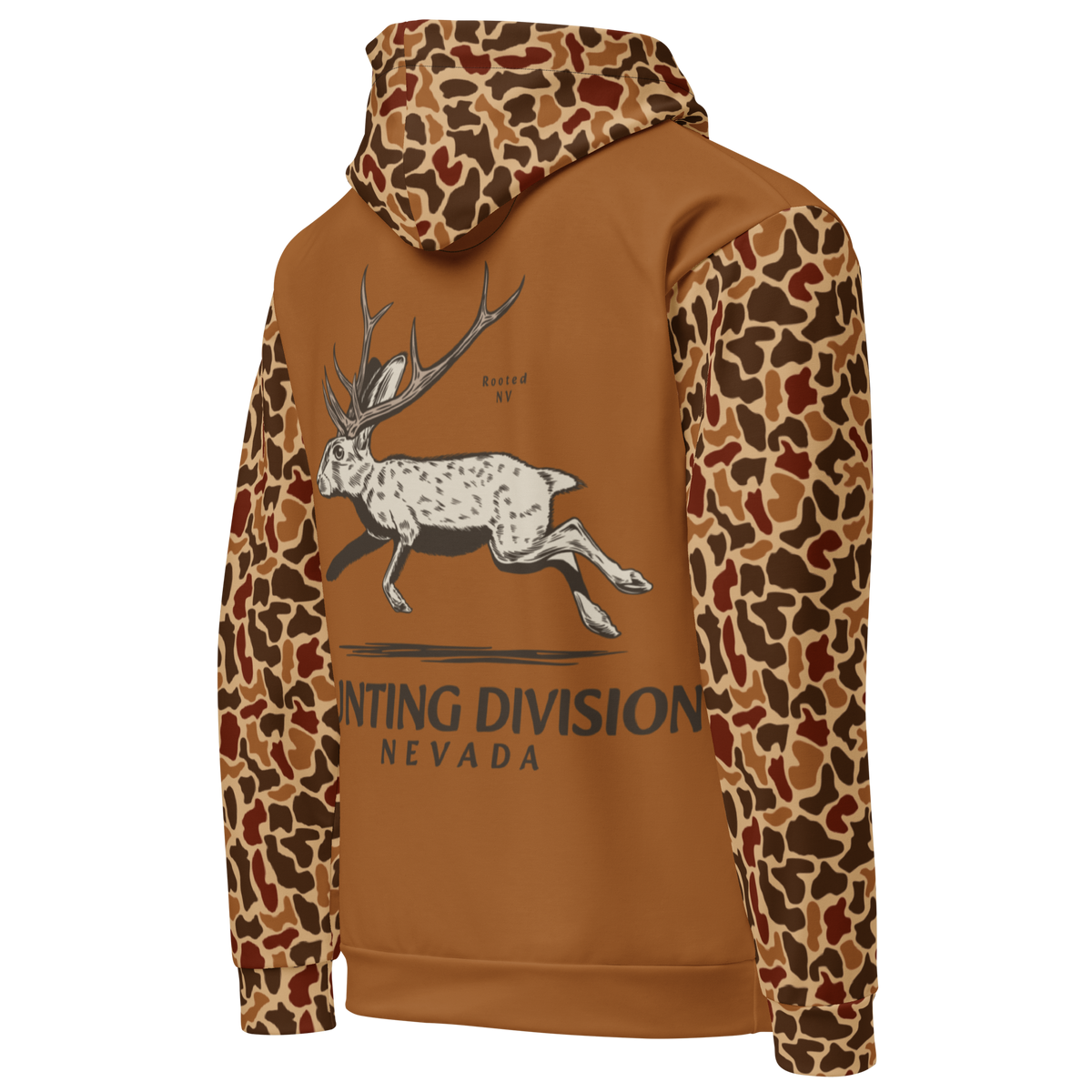 Rooted NV Hunting Division Hoodie angled front view with a running deer graphic, Nevada hunting design, and bold camouflage sleeves and hood