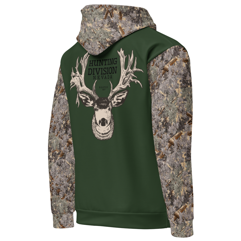 Angled front view of the Rooted NV Hunting Division Hoodie with camouflage hood and sleeves and bold Nevada mule deer hunting graphic