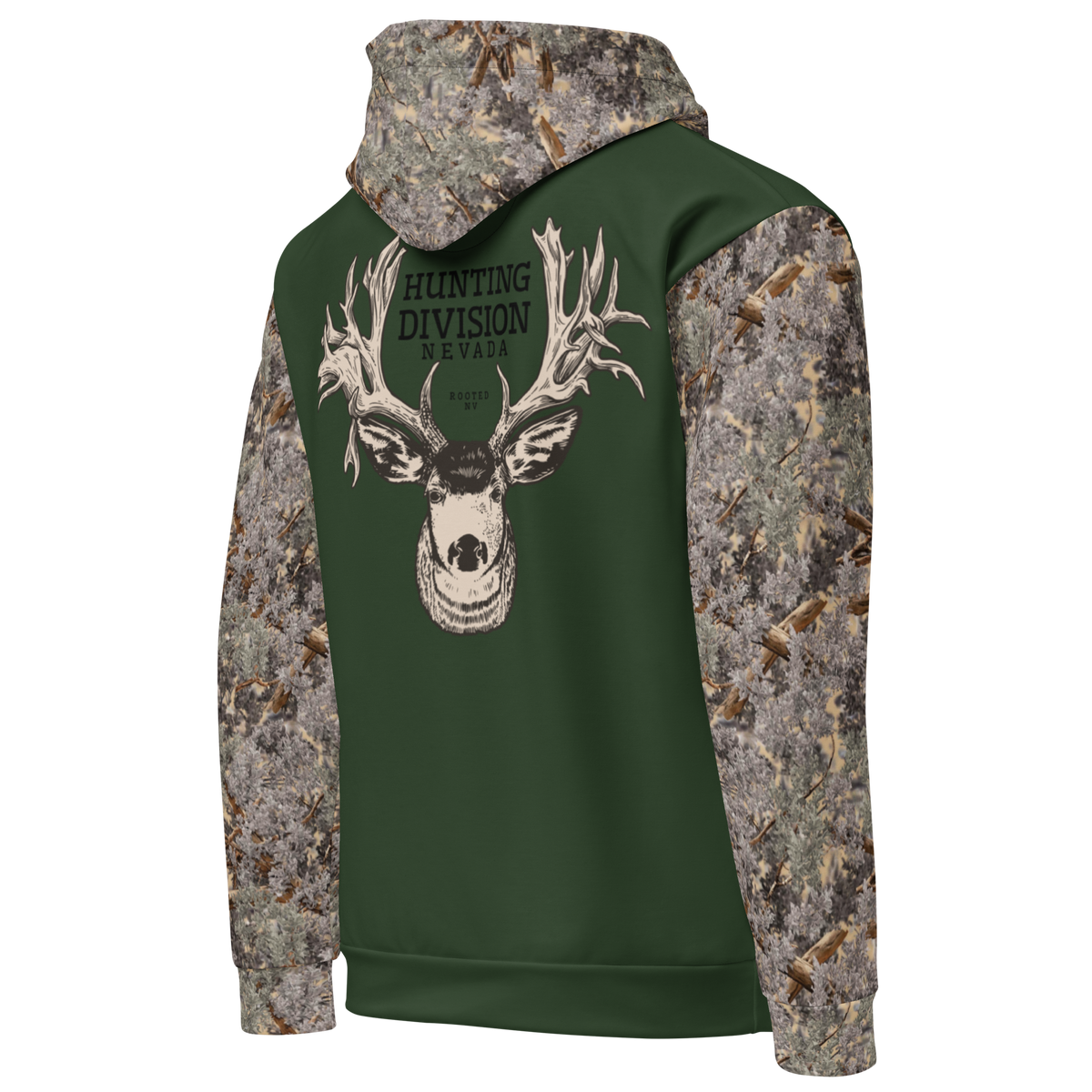 Angled front view of the Rooted NV Hunting Division Hoodie with camouflage hood and sleeves and bold Nevada mule deer hunting graphic