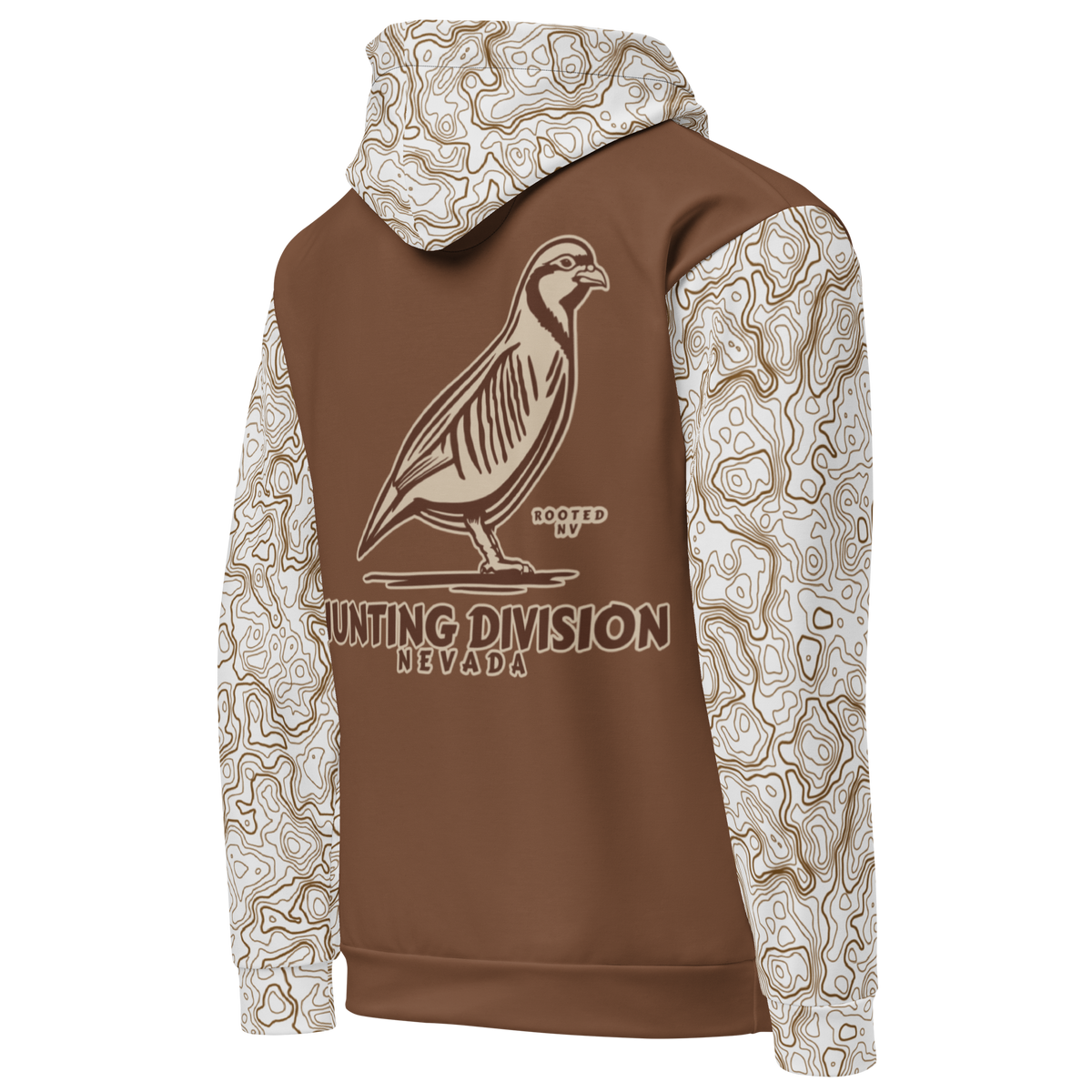 Rooted NV Hunting Division Hoodie angled front view featuring chukar bird graphic, Nevada Hunting Division text, and patterned sleeves
