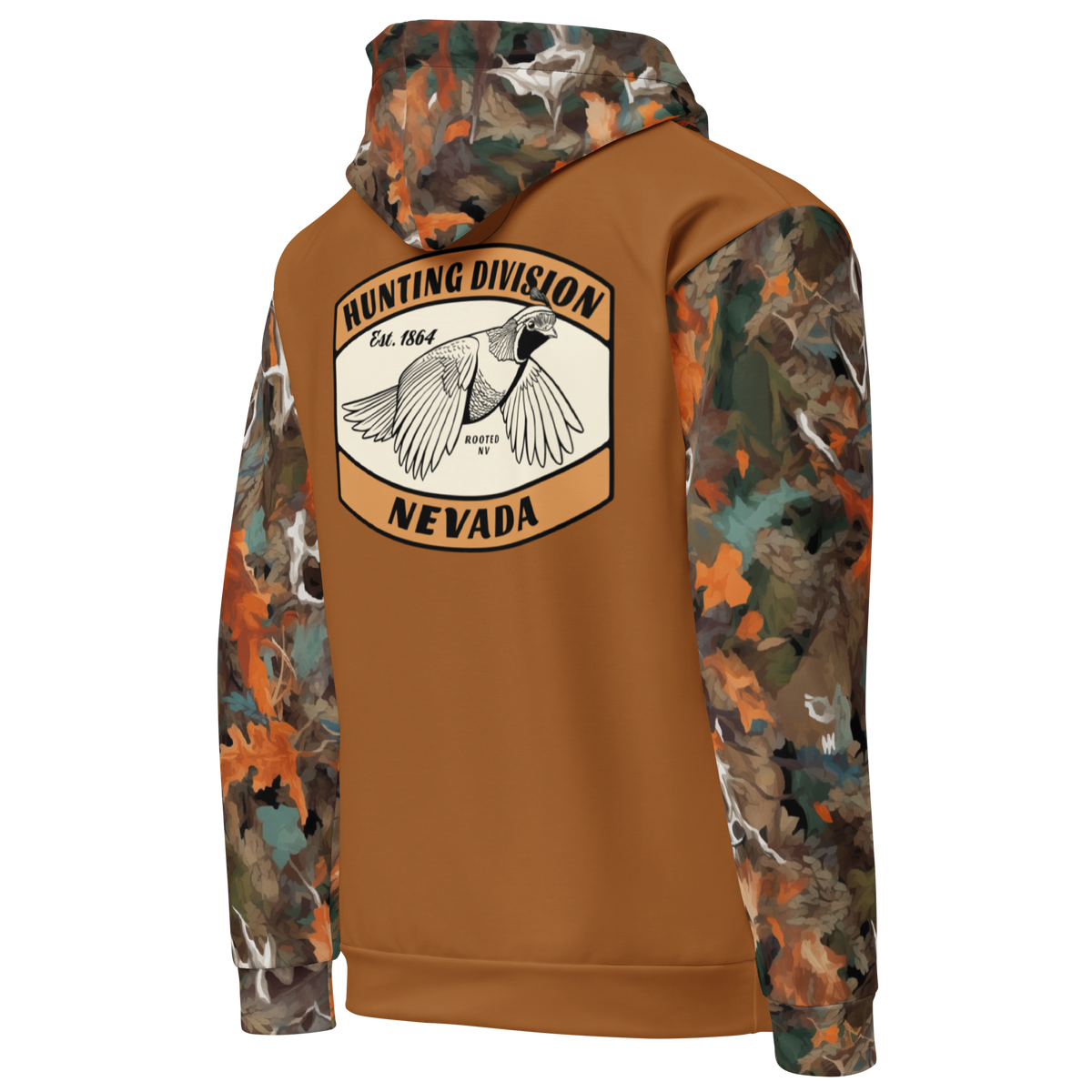 Angled front view of the Rooted NV Hunting Division Hoodie with Nevada Hunting Division quail graphic and full camouflage detailing