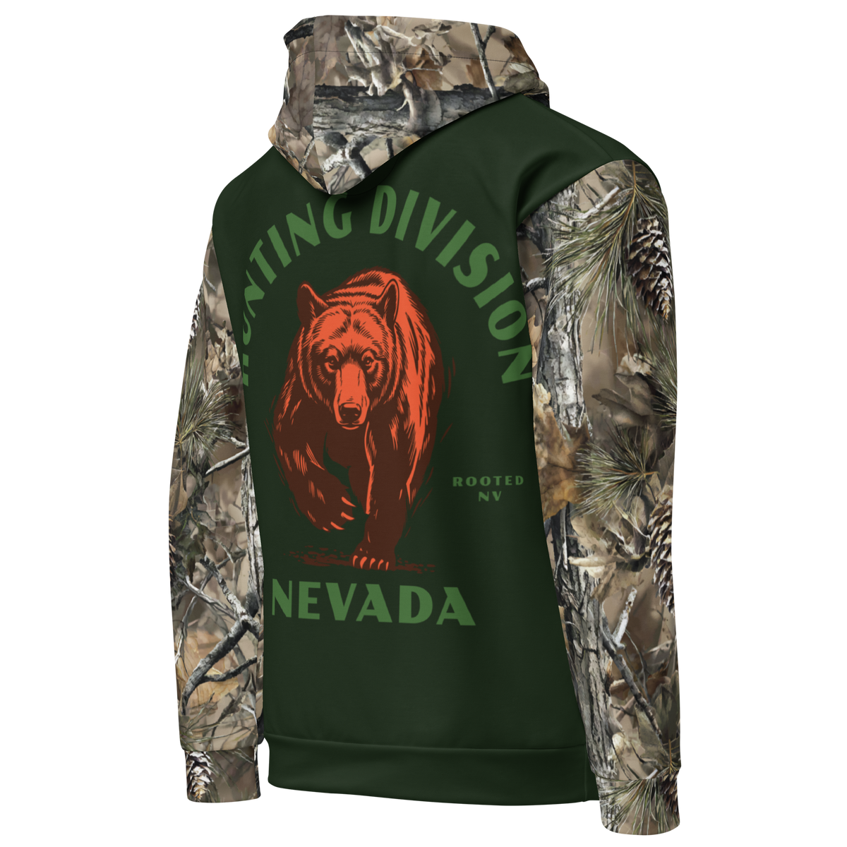 Angled front view of the Rooted NV Hunting Division Hoodie featuring a bold Nevada black bear design and camouflage sleeves.