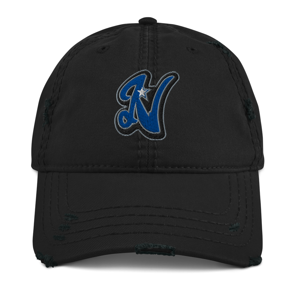 Rooted NV N Logo Nevada Dad Hat - Distressed Washed Cotton Adjustable Cap in black, front view with embroidered blue N logo and curved brim